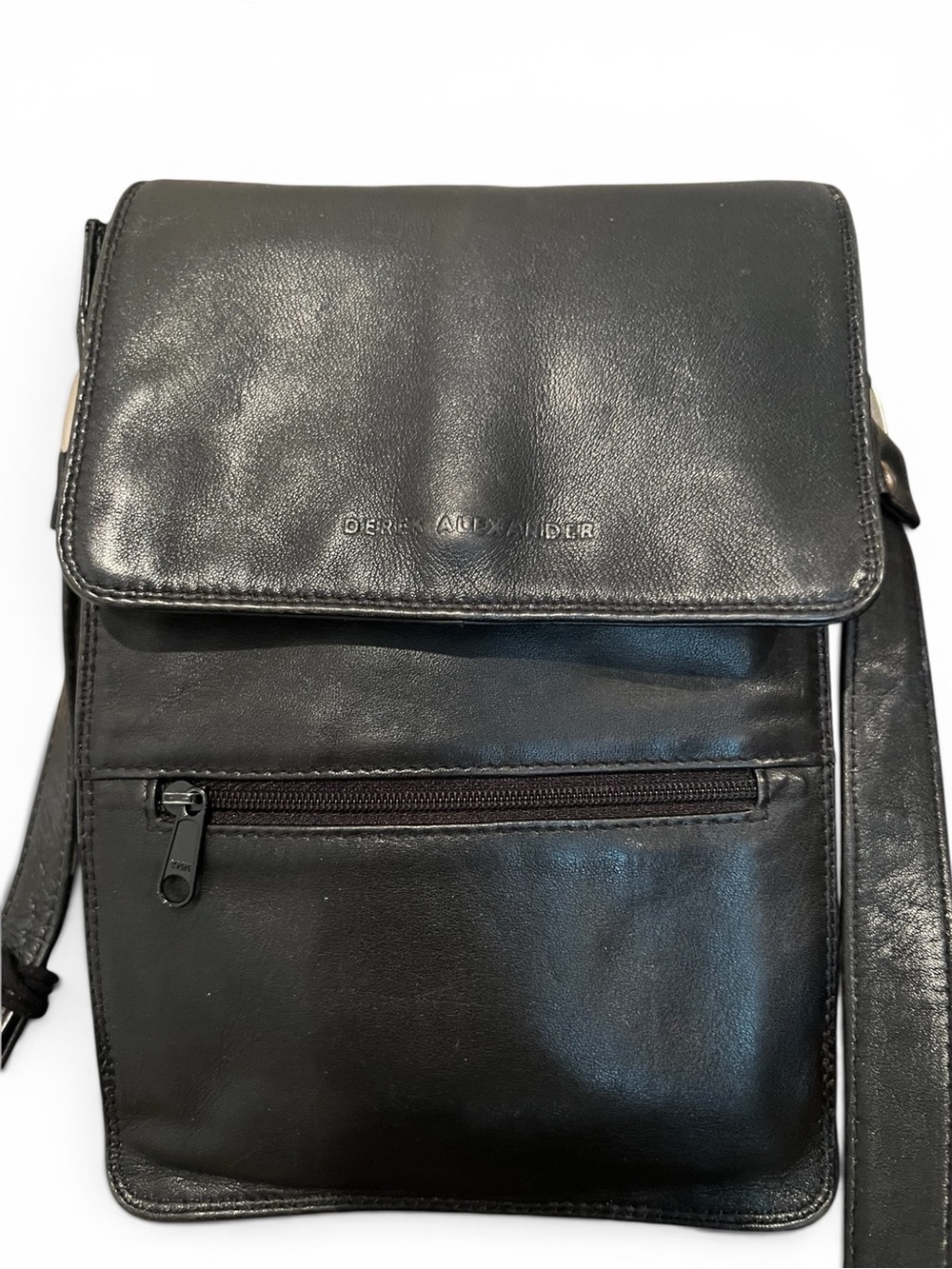 Derek Alexander Black Vintage Top Grain Leather Organizer Crossbody Bag
